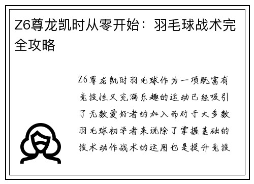 Z6尊龙凯时从零开始：羽毛球战术完全攻略