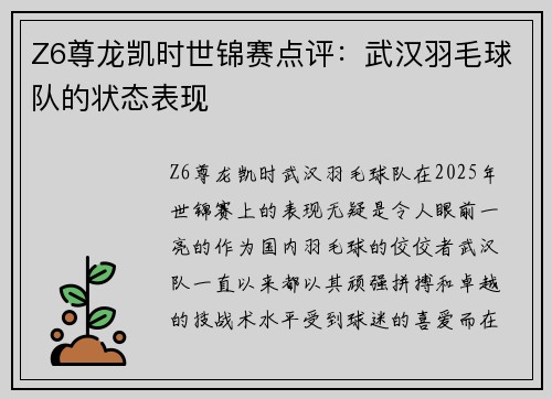Z6尊龙凯时世锦赛点评：武汉羽毛球队的状态表现