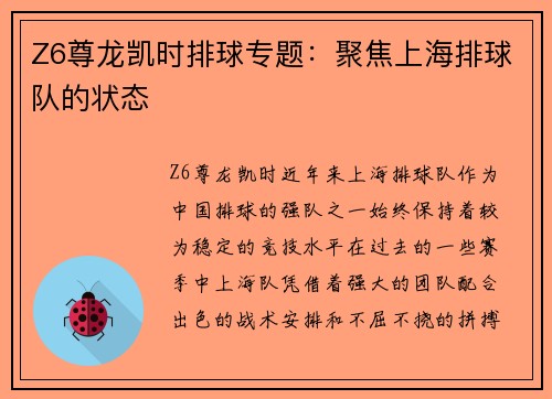 Z6尊龙凯时排球专题：聚焦上海排球队的状态