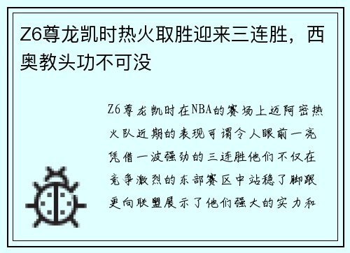 Z6尊龙凯时热火取胜迎来三连胜，西奥教头功不可没